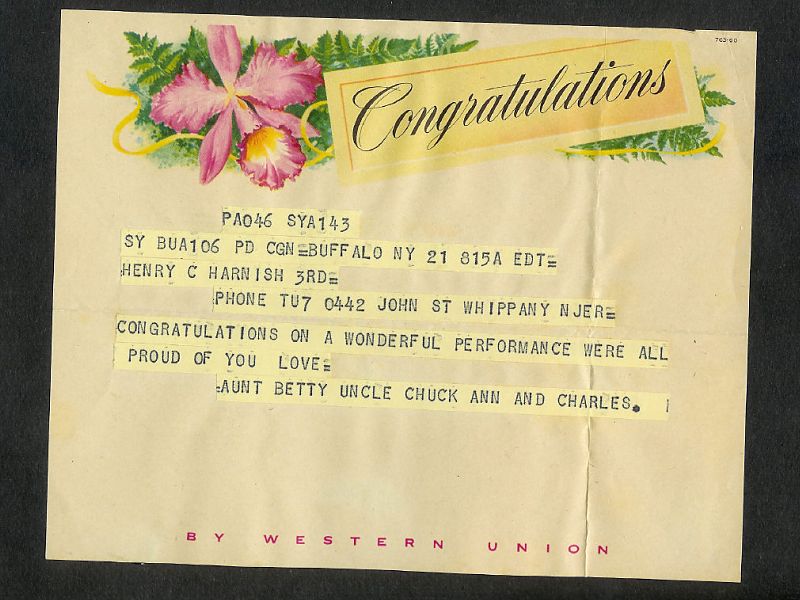 Telegram from Aunt Betty - Uncle Chuck - cousins Anne and Charles